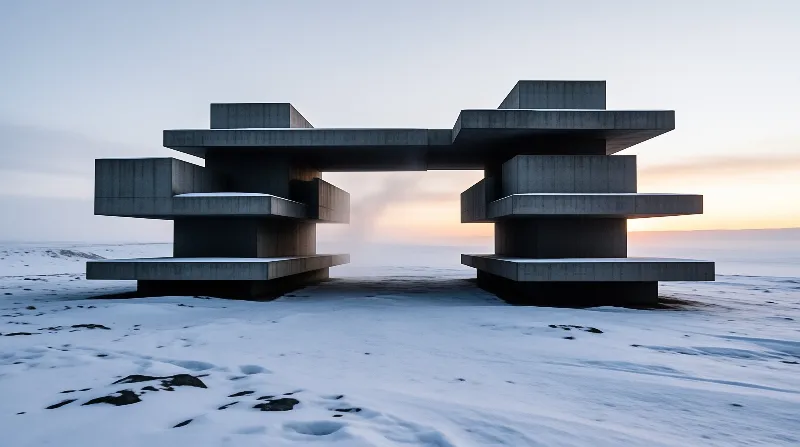 A massive grey concrete archway stands isolated in a vast snowy field under a soft gradient sky at dawn.