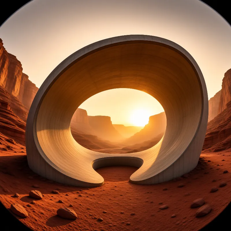 A smooth concrete torus stands in a red rock canyon as the setting sun shines through its open centre