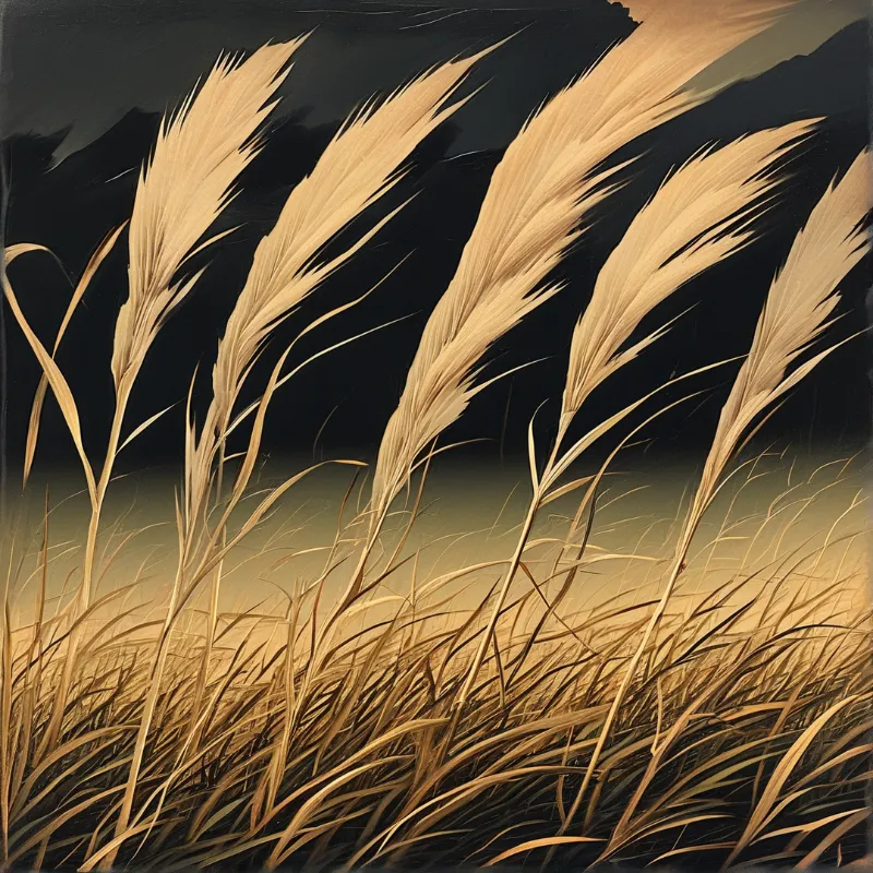 Tall golden feathery grass stalks bend in the wind against dark, moody background with warm light highlighting their plumes.