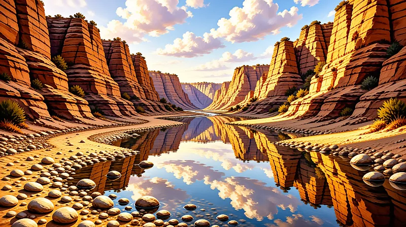 Warm sunlight illuminates towering red rock walls as a calm river mirrors the sky and clouds within a deep desert gorge.