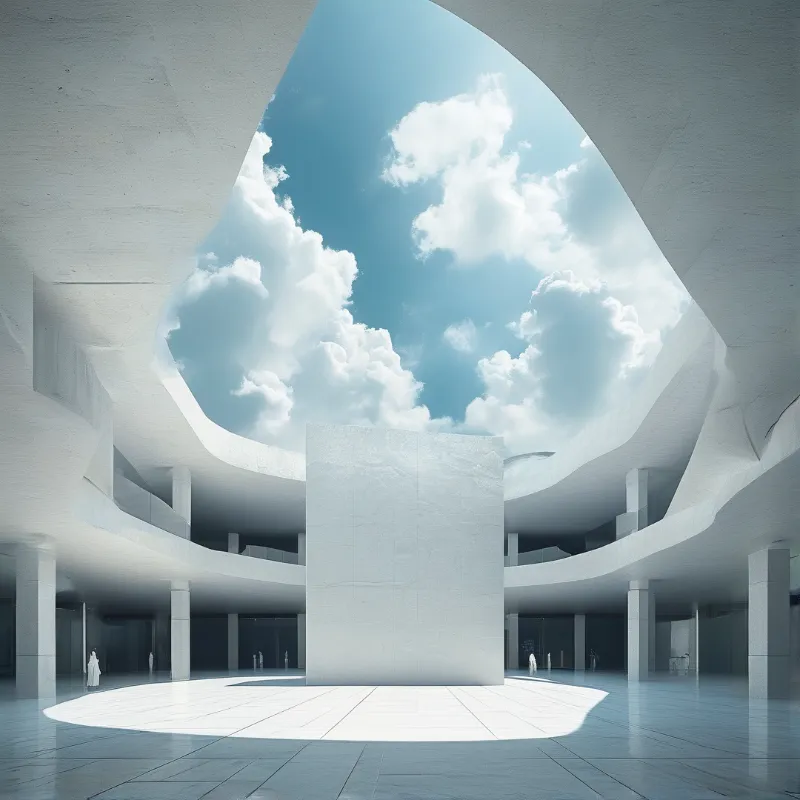 A massive white monolithic structure stands within a vast concrete hall, illuminated by sunlight filtering through a large ceiling opening.