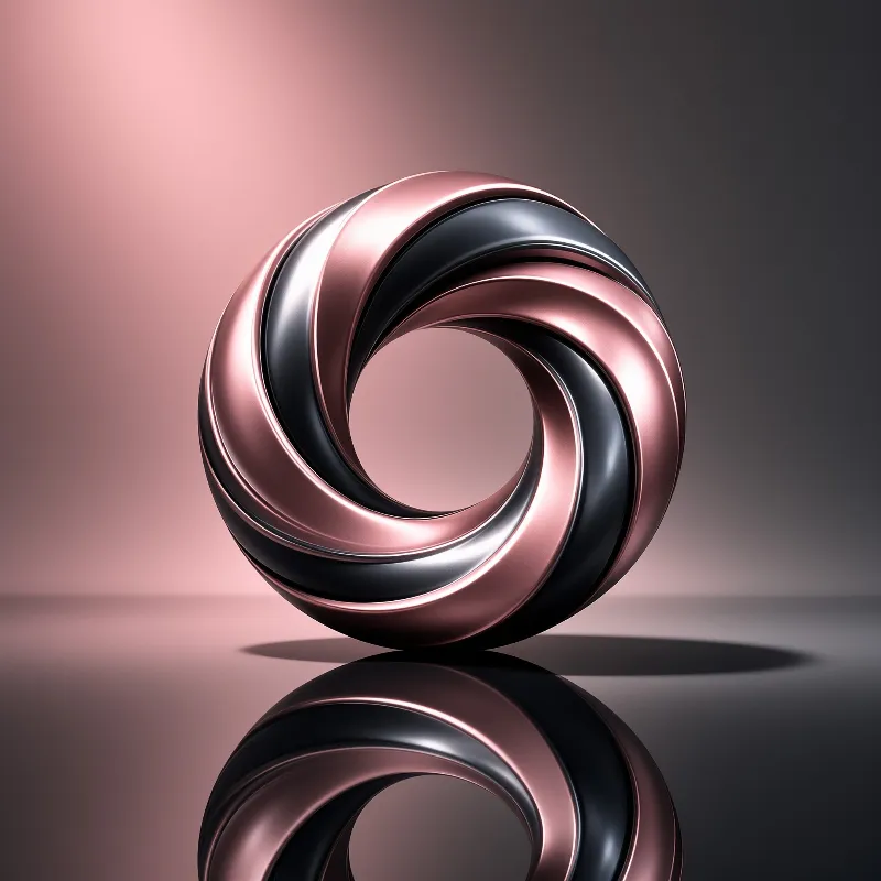 A polished ring of coiled pink and black metal spins into a smooth spiral above its mirror reflection.