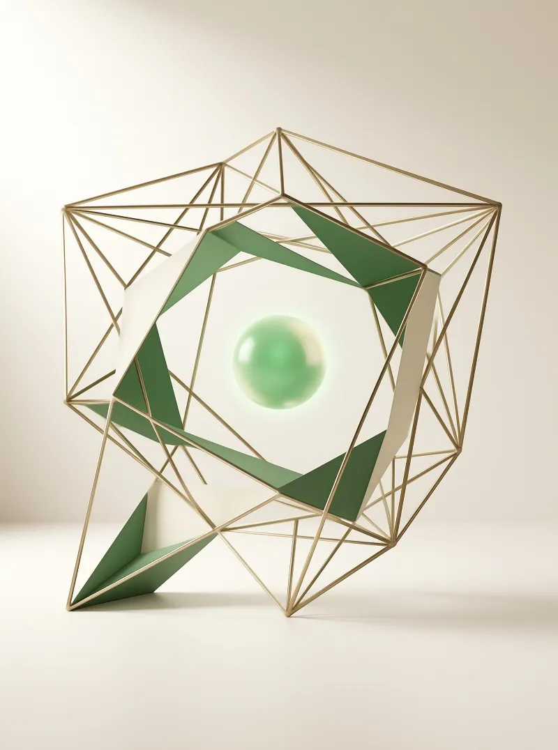 A complex geometric sculpture features a gold lattice surrounding a luminous green ball floating in the middle.