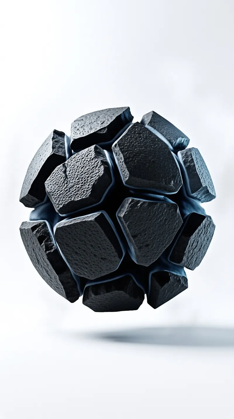 A rough dark stone sphere composed of irregular segments filled with blue fabric material floating above a white surface.