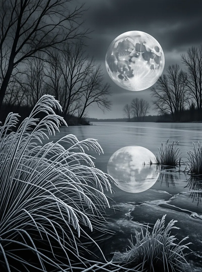 A massive moon hangs above a frozen lake where a clear reflection mirrors the celestial body in the monochrome scene.