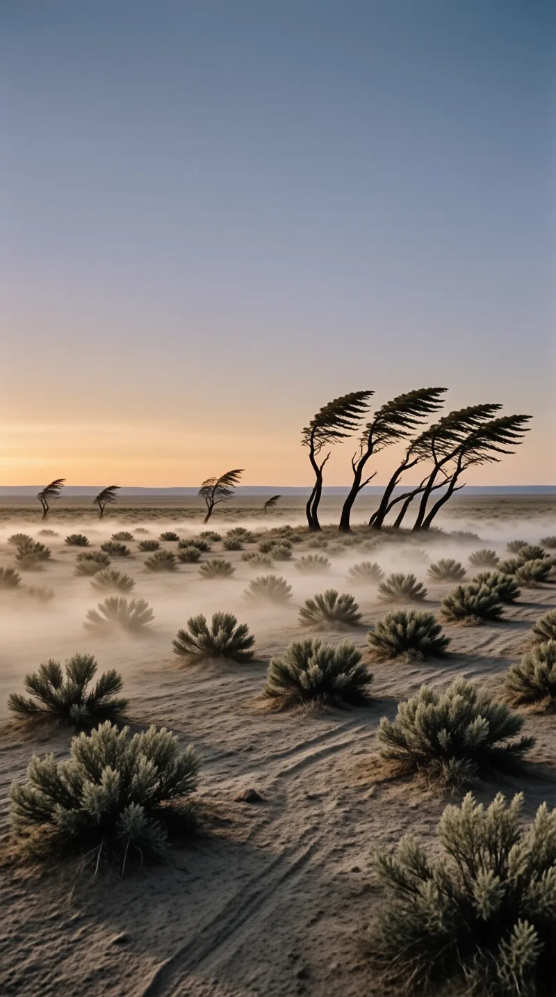 Wind-bent trees lean right above a fog-covered desert floor scattered with low green shrubs.