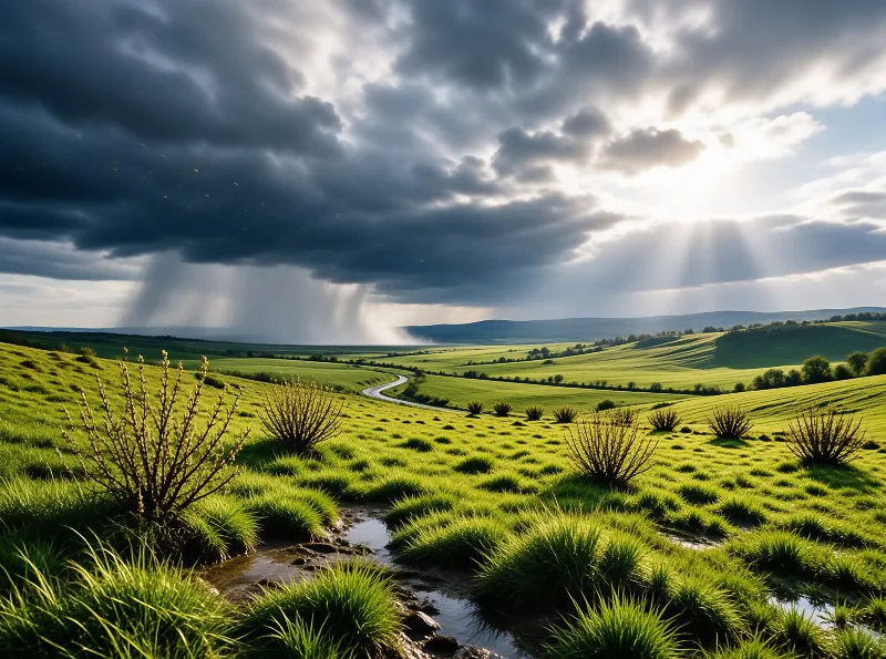 A paved road curves through lush green hills while dark storm clouds and bright sunlight meet overhead.