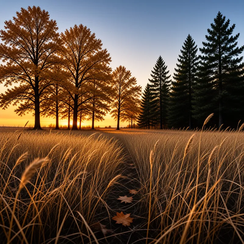 Tall golden grasses line a narrow path toward orange autumn trees and dark pines under a fading sunset.
