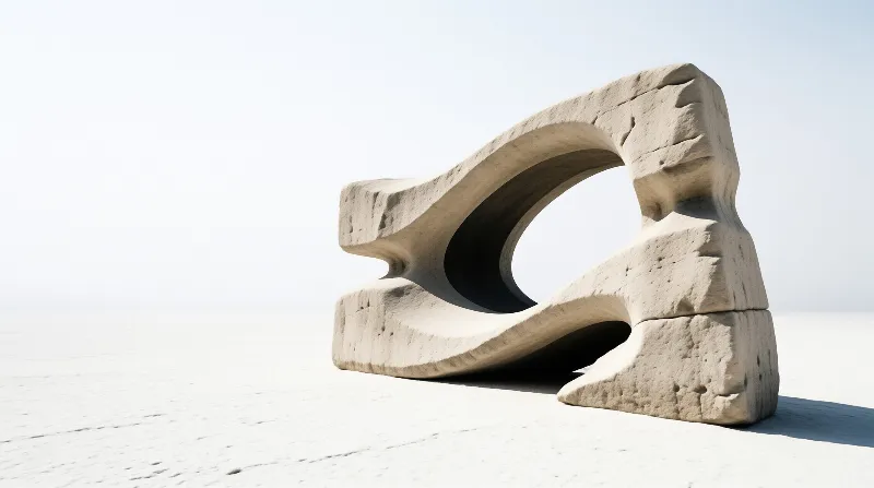 Beige sculptural arch resembling eroded stone stands alone on a vast white salt flat landscape with clear shadows.