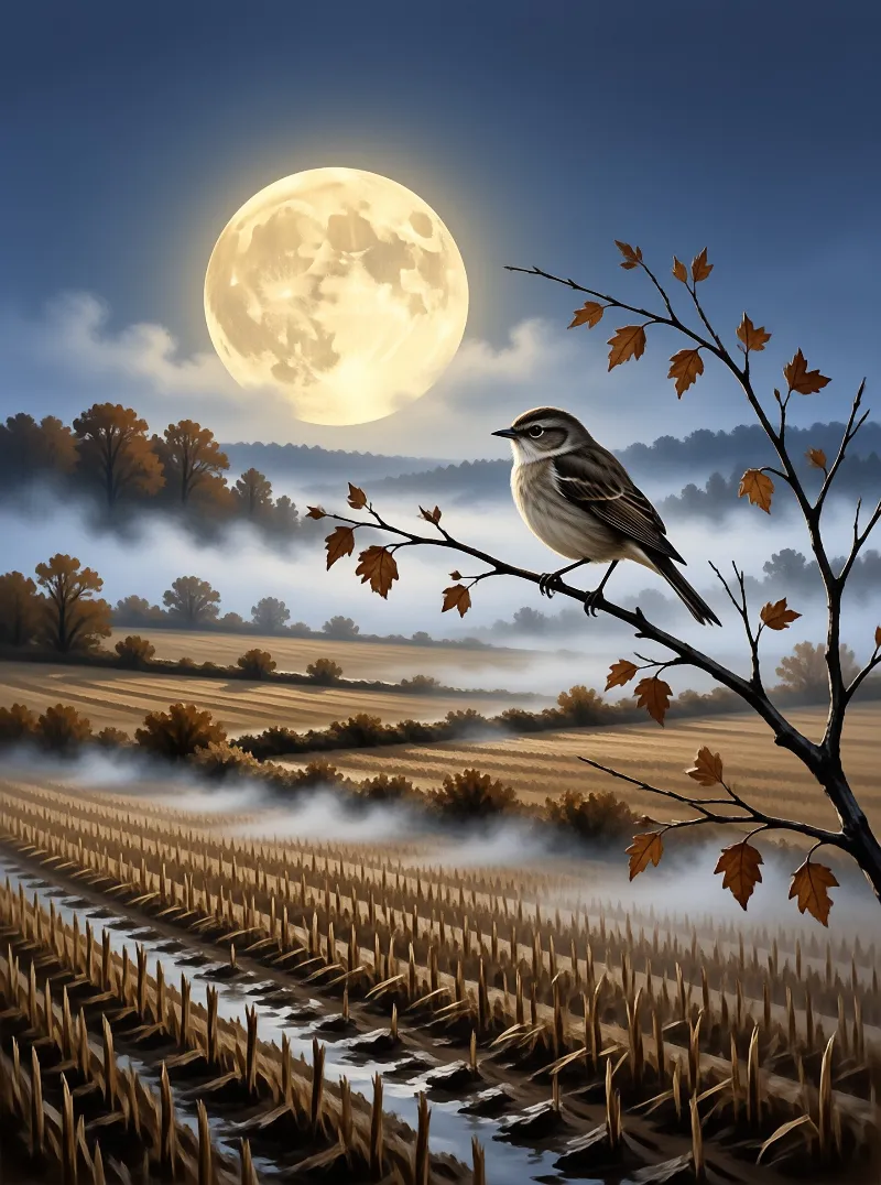 A small bird perches on a leafy twig while a massive moon glows above misty fields and autumn trees.