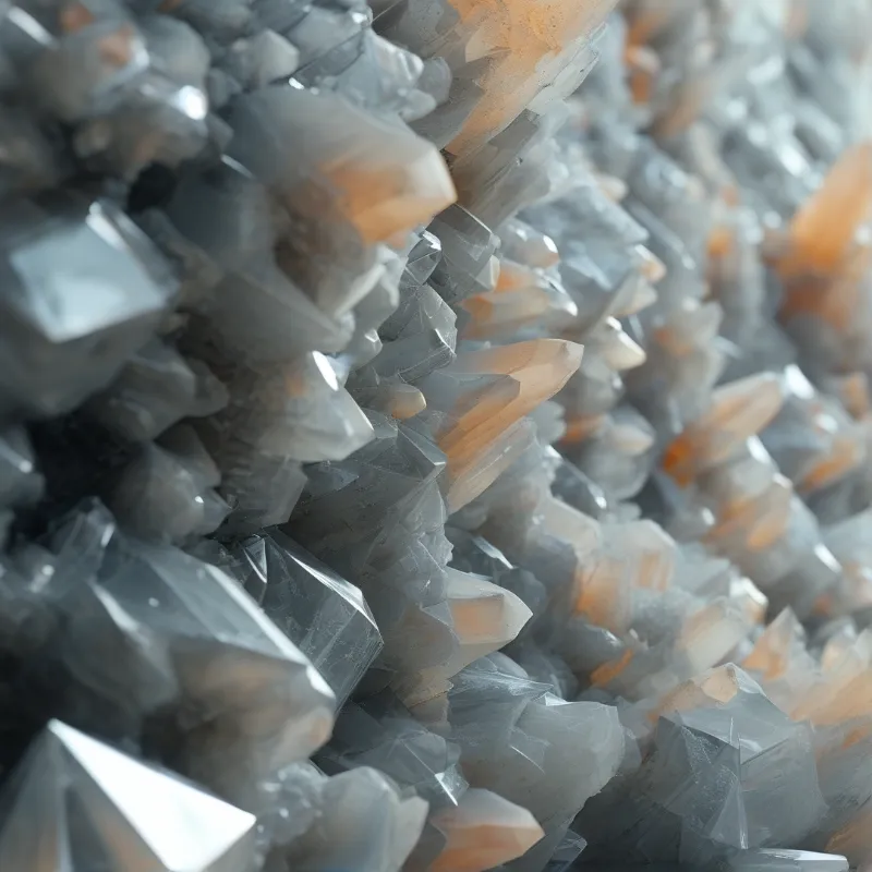 A close view of sharp mineral formations showing translucent grey bodies and glowing orange tips.