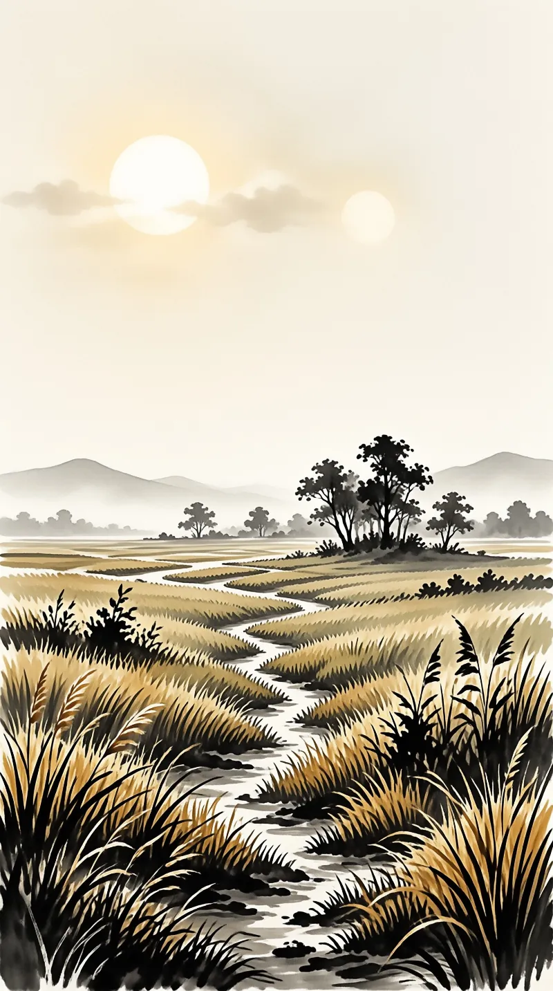 Golden and black grasses flank a winding stream leading to distant mountains under a pale sky with suns.