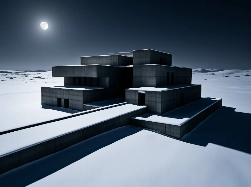 Stepped brutalist volumes of bare concrete rise from a moonlit snowfield beneath a clear night sky.