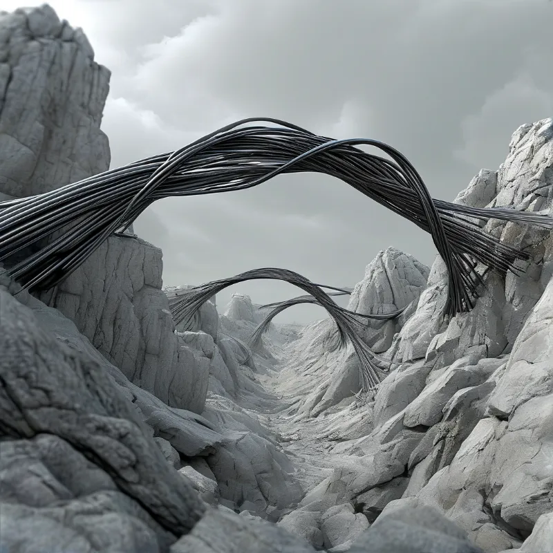 Thick bundles of dark wire cables arch across a barren rocky landscape under an overcast gray sky.