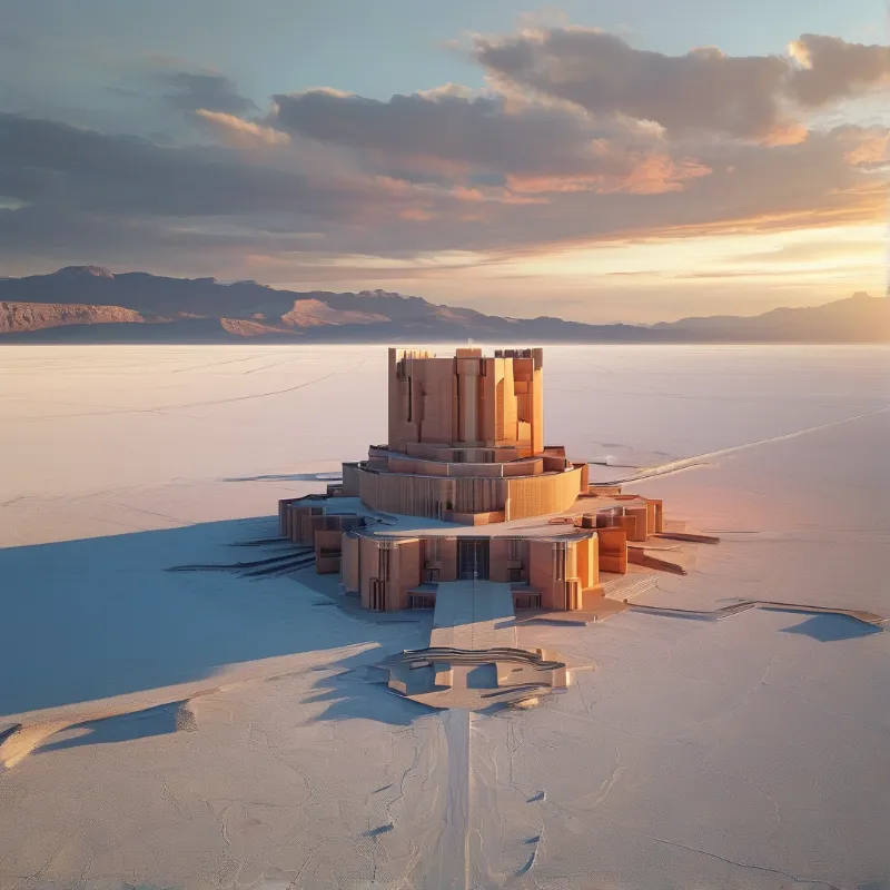 Tiered stone pyramid sits isolated on a vast cracked salt flat, lit by soft golden sunset light, with distant mountains on the horizon.
