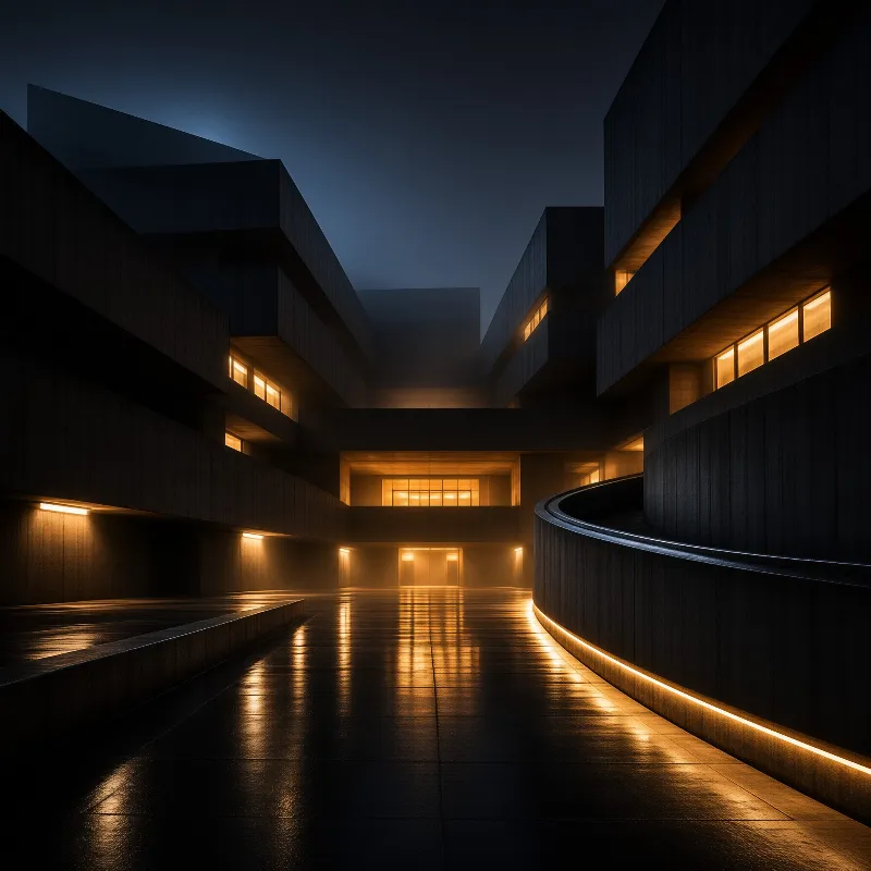 Dark geometric building complex with warm window lights reflecting on wet stone pavement at night.