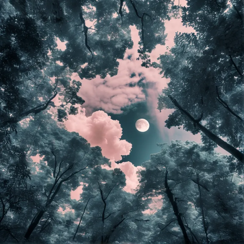 View from below looking up through dense tree branches at a full moon surrounded by soft pink clouds and cool blue sky.