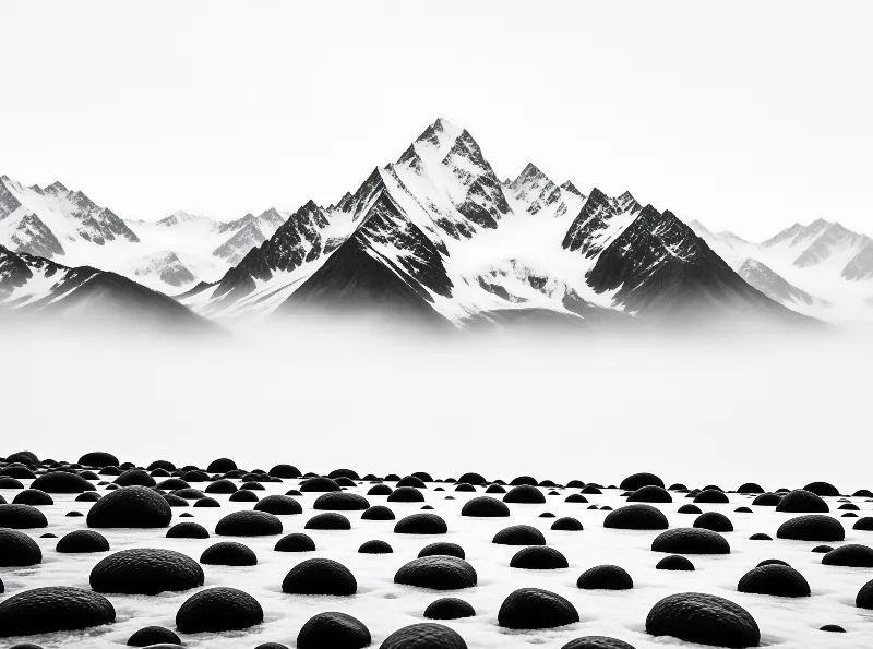 Monochrome jagged mountains loom through mist above a white plain scattered with rounded black boulders.