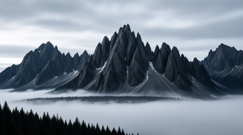 Sharp dark mountain peaks stand above a low dense fog bank with foreground evergreen trees under a pale grey cloudy sky.