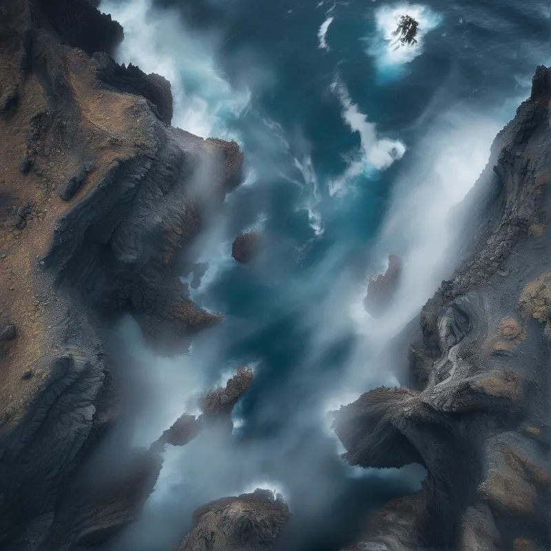 Dark jagged rocks frame a central area of turbulent deep blue water and white fog rolling through a canyon.