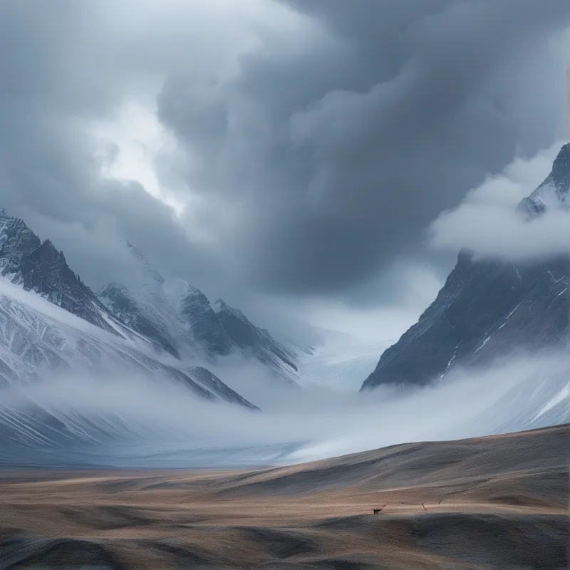 Snow-capped peaks rise above thick white fog drifting over a barren brown landscape under a heavy grey sky.