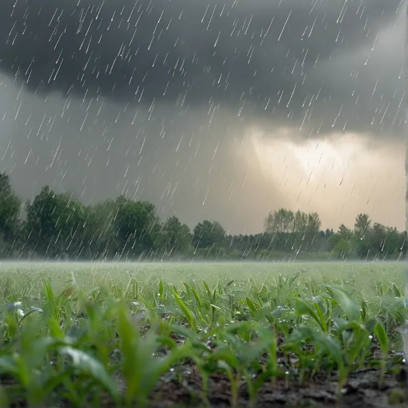Young green corn plants in a muddy field under heavy rain and dark clouds with a break of sunlight.
