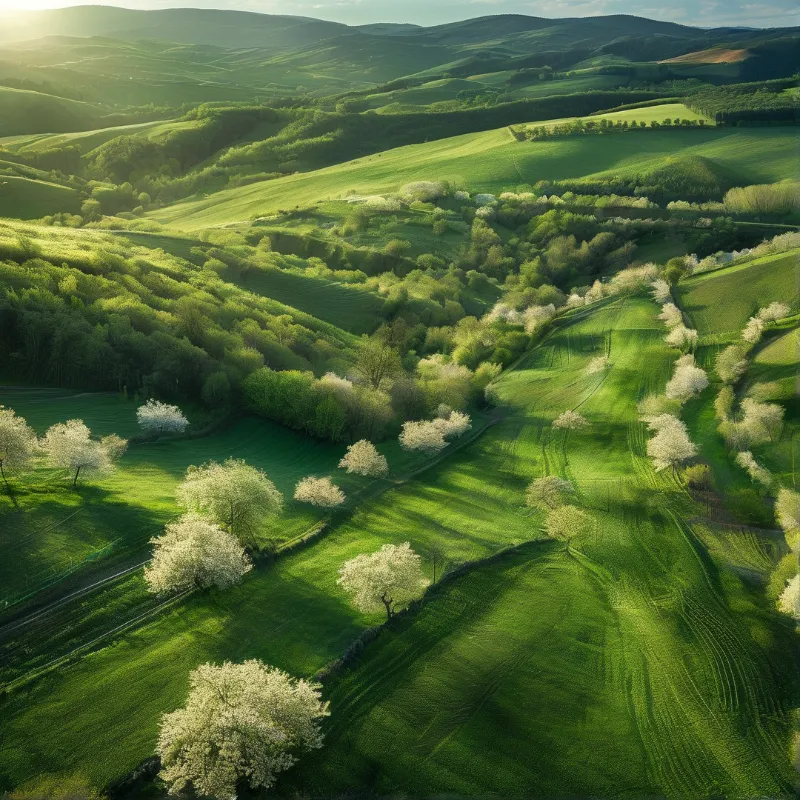 An aerial view of green rolling hills featuring white flowering trees scattered across sunny meadows and forests.