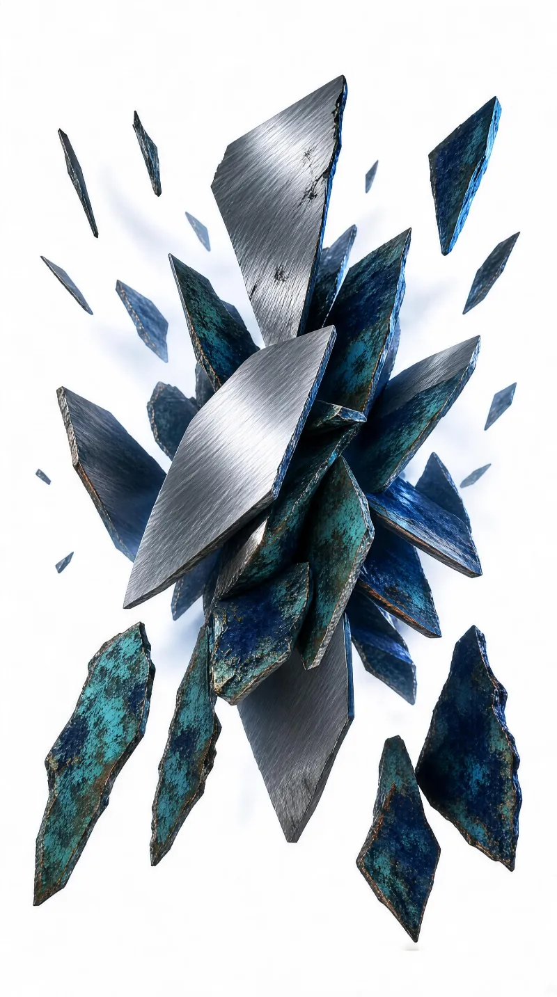 A cluster of fragmented metal and icy blue shapes in various sizes floating against a white background with light reflecting on their surfaces.