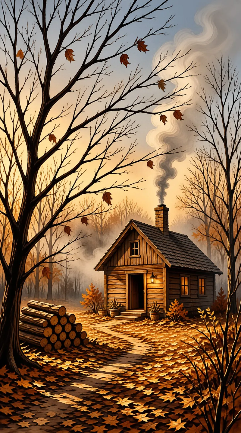 A small wooden cottage sits in an autumn forest with smoke rising from its chimney and warm light glowing.