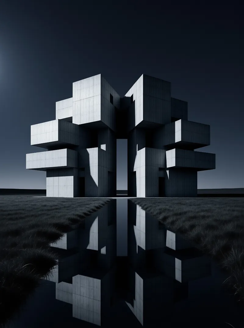Grey concrete volumes rise symmetrically above dark grass, duplicated by a glassy mirror of standing water.