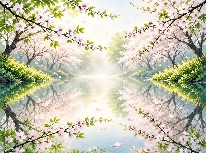 Pale pink cherry blossoms hang over a still quiet lake, their reflections paired with sunlit mist and yellow shrubs on both banks.