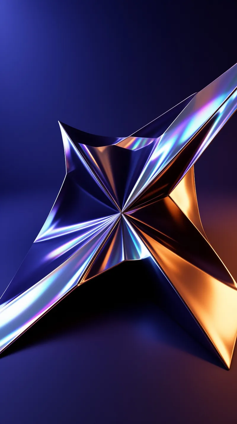 A folded chrome star shape shifts from iridescent blue to warm gold against a dark backdrop.