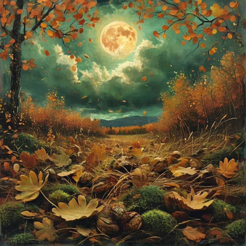 An oil-textured autumn wood at dusk, with nuts and gold leaves heaped on moss beneath a glowing moon and teal clouds.