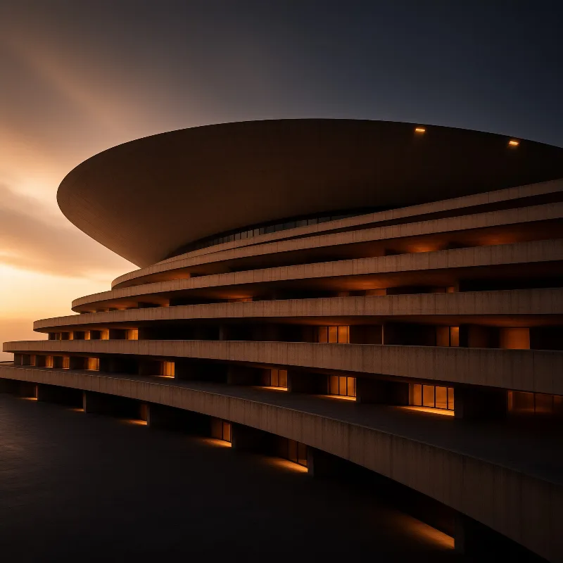 A sweeping modern building of stacked concrete rings and a broad cantilevered roof glows with warm interior light at dusk.