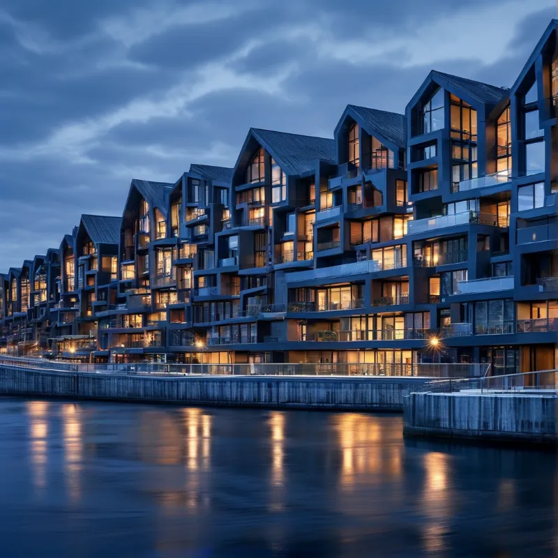 Angular buildings light up along a waterfront promenade during the blue hour, casting golden reflections on the dark water.