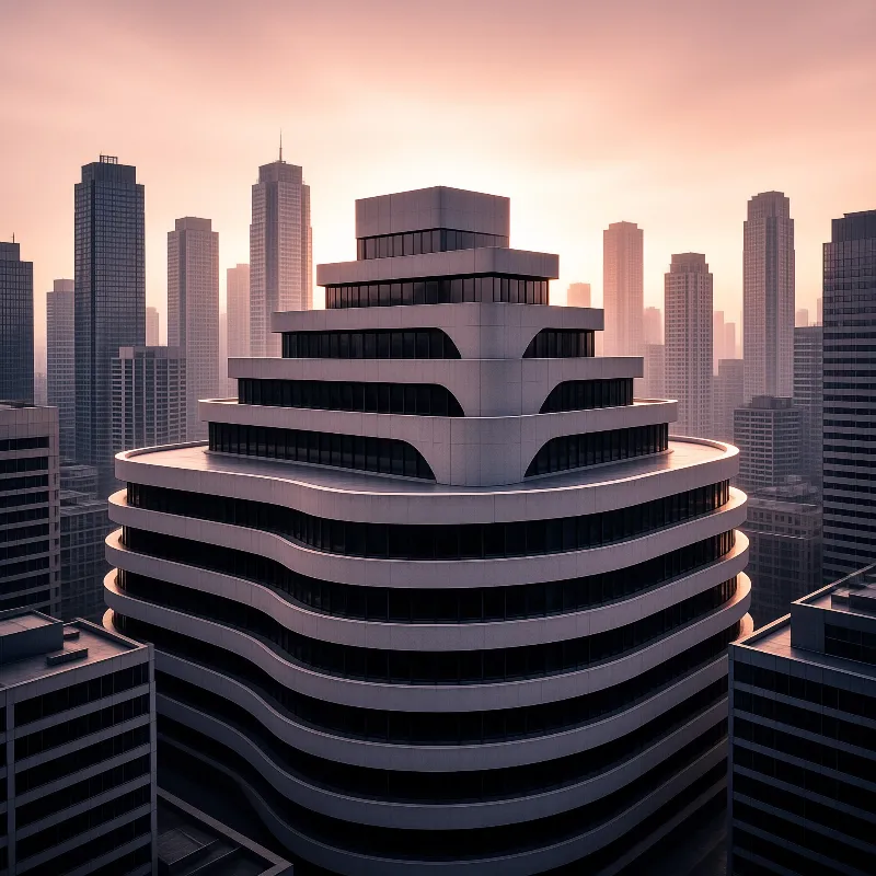 A futuristic skyscraper with wavy horizontal layers stands prominently against a hazy city skyline during a warm sunset.