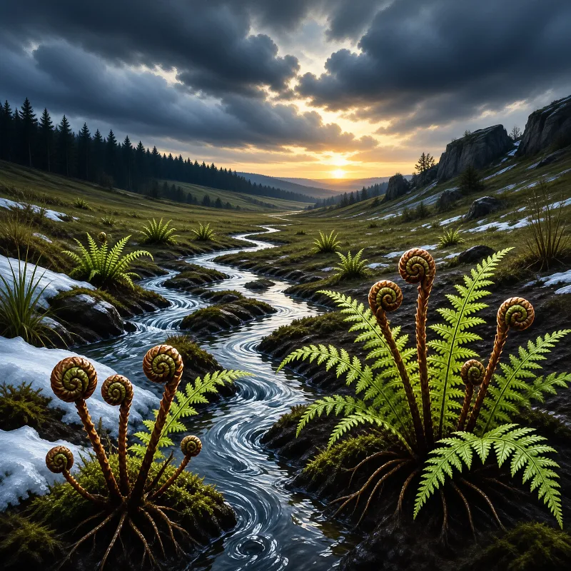 Spiral fern shoots rise on both banks while a reflective river winds through open grassland under heavy clouded sunset light