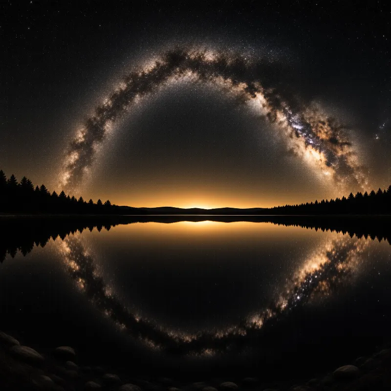 The Milky Way arches over a dark lake reflecting the stars and silhouetted trees.