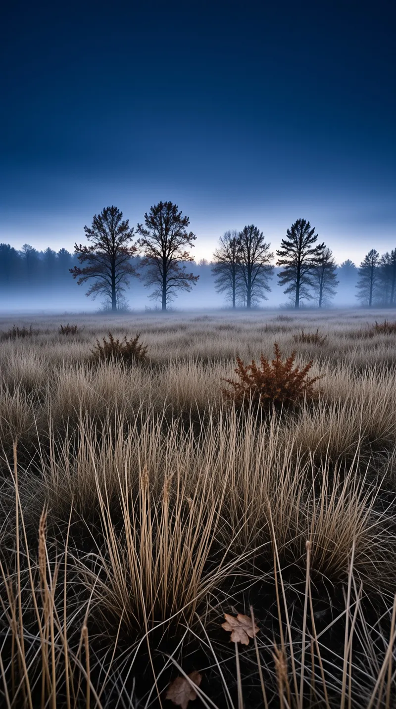 Dry grasses cover a misty field where dark pine trees stand beneath a deep blue sky with pale light on the horizon.