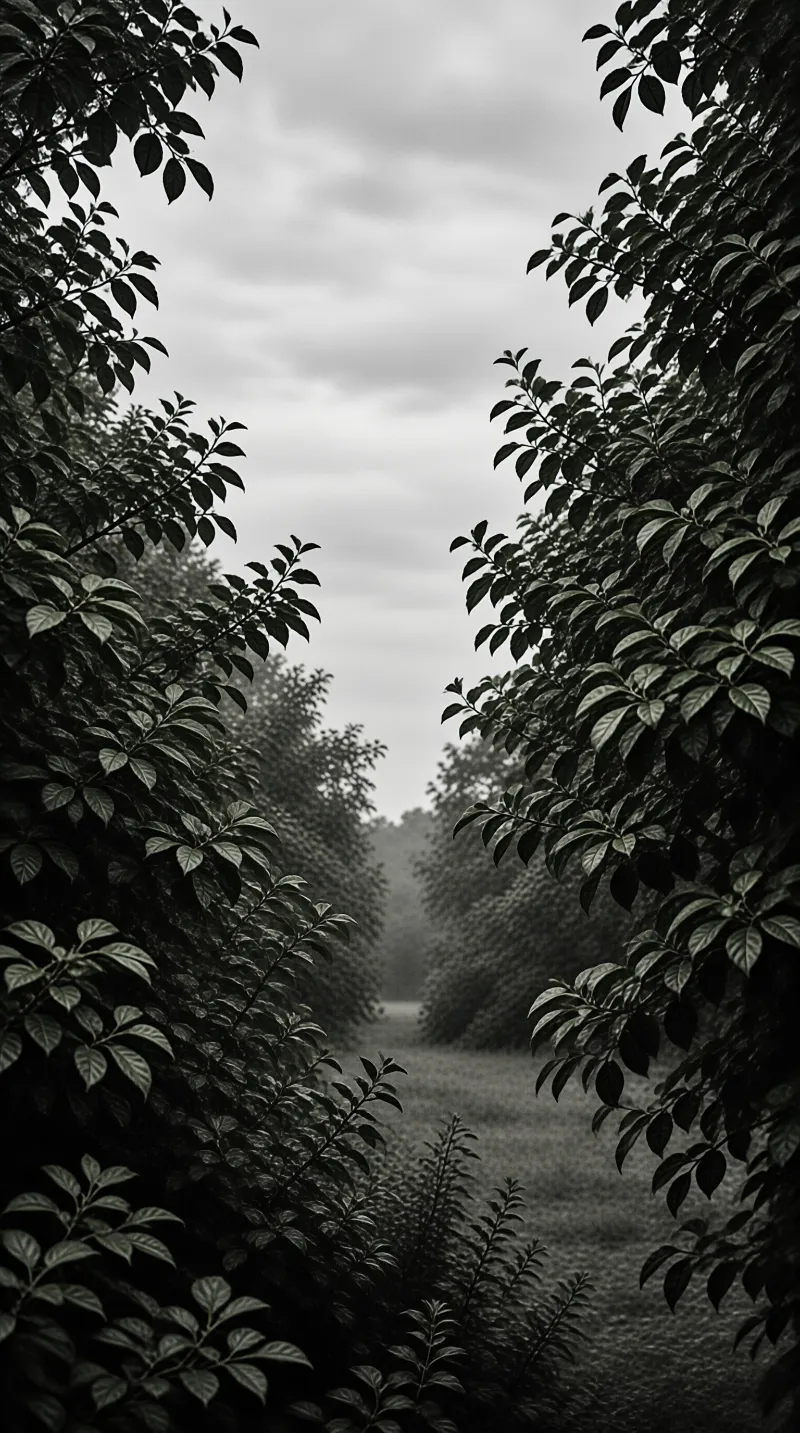 A black and white view down a narrow grassy path flanked by dense leafy bushes beneath a cloudy grey sky