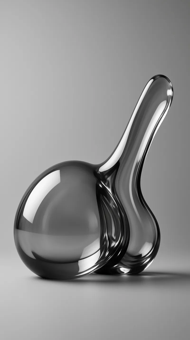 A smooth glass-like sculpture with organic curves sits on a plain gray surface with strong highlights.