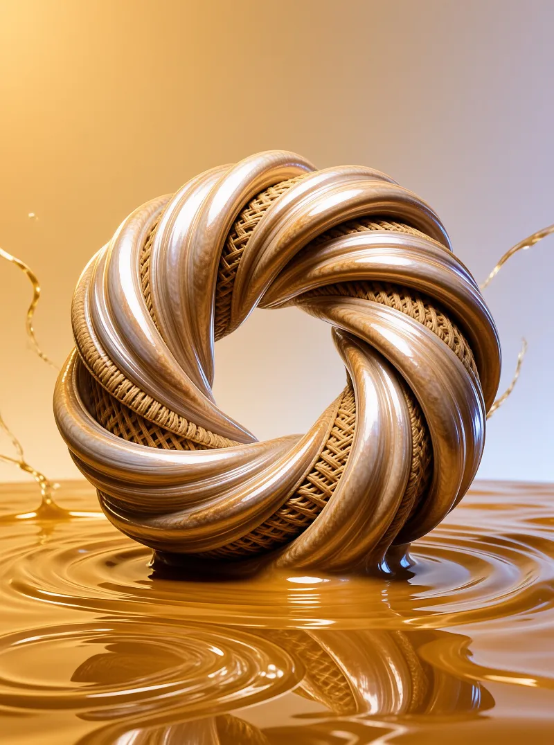 A twisted rope-like shape sits partially submerged in a reflective golden fluid with soft lighting.