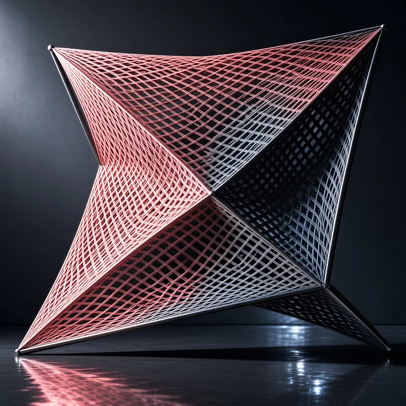 Abstract twisted metal grid sculpture with pink hues stands on a glossy black surface under dramatic lighting.