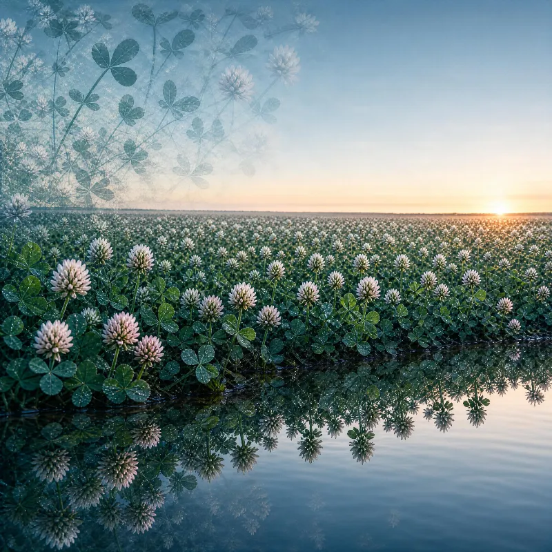 A field of white clover flowers near calm water, lit by the warm golden light of a setting sun.