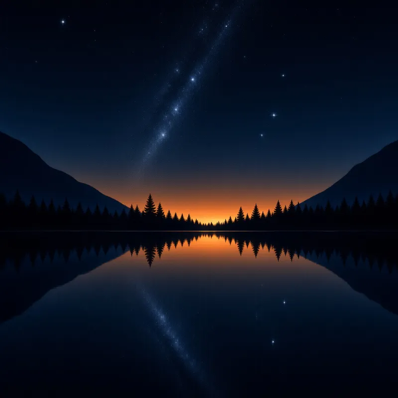 Still water mirrors the starry sky and pine trees silhouetted against an orange horizon glow between dark mountains.