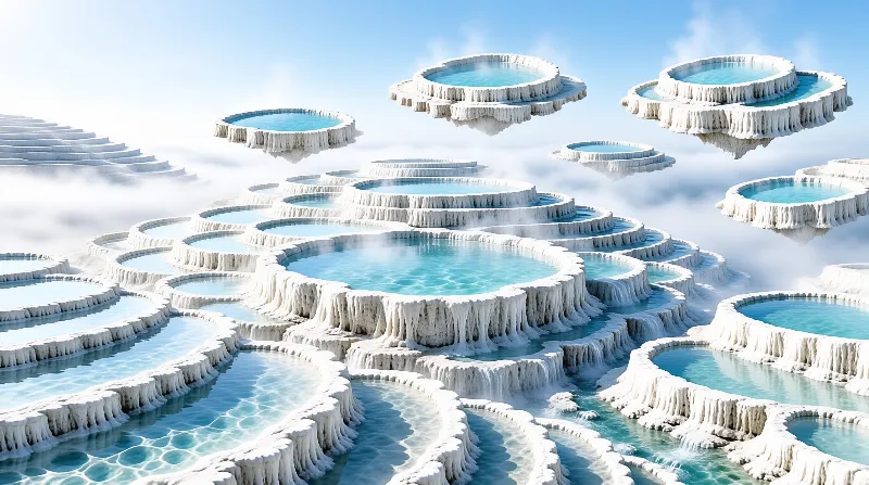 Tiered white rock formations containing clear blue water suspend themselves above a dense field of clouds.