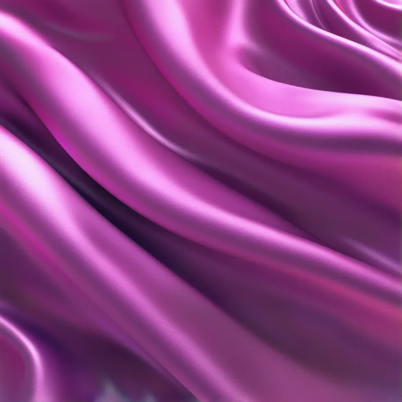 Glossy purple satin fabric has soft flowing ripples, light creates bright highlights on crests and deep shadows in folds.