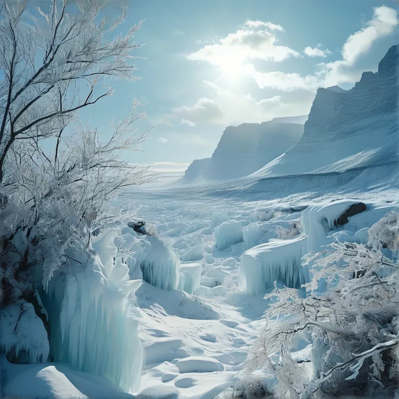 Ice covered cascades hang beside a snowy gorge with frosted trees and layered blue cliffs under a bright winter sun