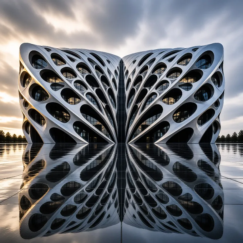 A symmetrical white building with circular windows reflects in a dark pool under a cloudy golden sky.