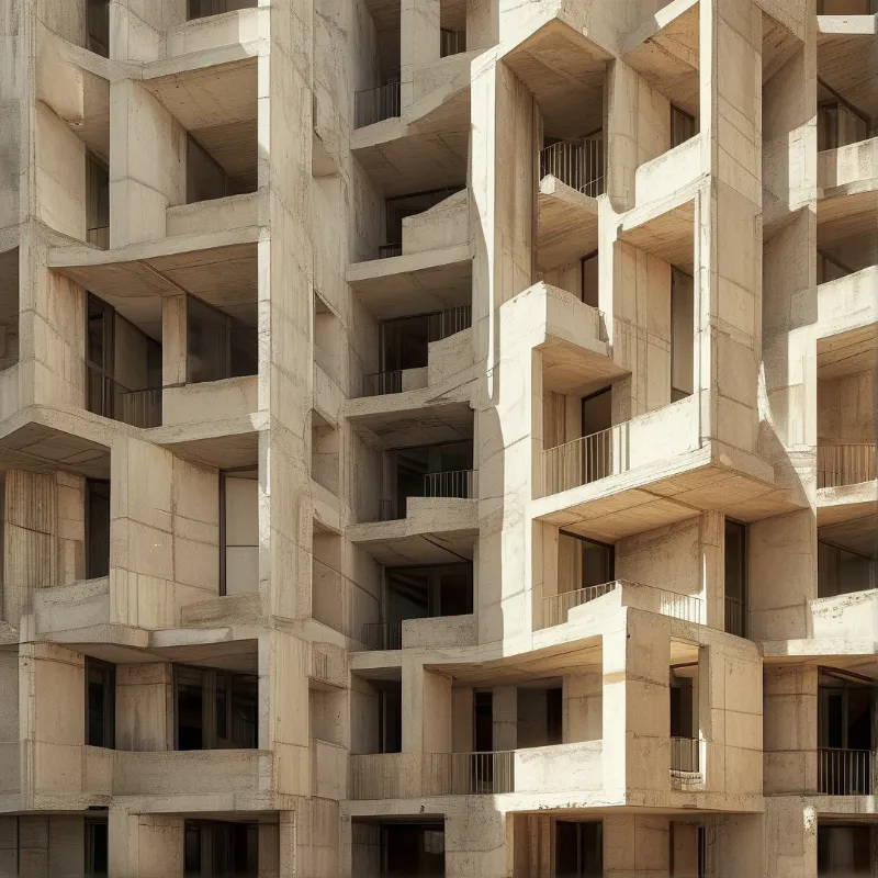 Sunlight illuminates a beige concrete facade with recurring balconies and sharp geometric shadows across the structure.